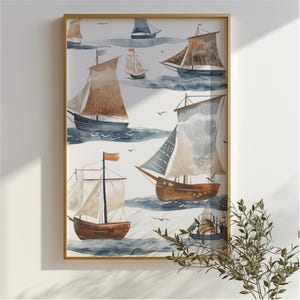 Patrón de barcos juguetones / Arte de pared imprimible / Cartel boho del océano / Decoración del hogar costero / Cartel náutico para la habitación de los niños o la guardería
