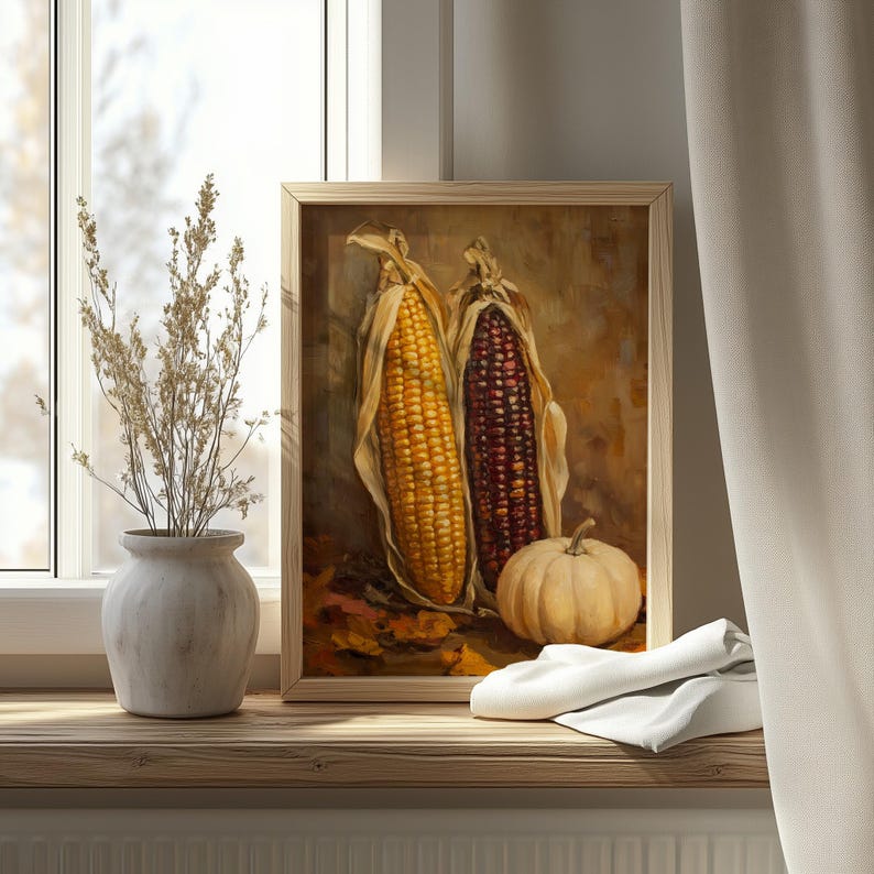 Fall Drawing Corn Dried Corn Still Life Printable Wall Art, Golden and Burgundy Ears ...
