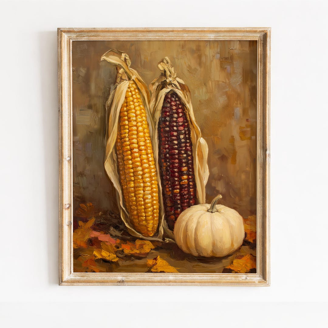 Fall Drawing Corn Dried Corn Still Life Printable Wall Art, Golden and Burgundy Ears ...