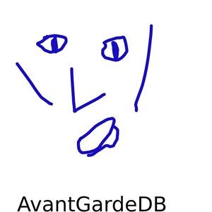 May include: A blue line drawing of a face with two eyes, a nose, and a mouth. The text "AvantGardeDB" is written below the face.