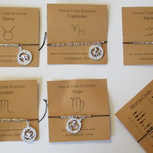 Zodiac Horoscope Charm Bracelet Morse Code LEO Cancer Aquarius Virgo Gemini Capricorn ARIES Scorpio PISCES  Libra Saggitarius Tarus
