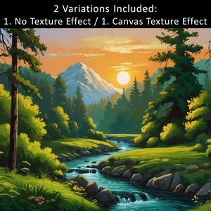 May include: A painting of a mountain landscape with a river flowing through a forest. The sun is setting behind the mountains, casting a warm glow on the scene. The river is surrounded by green trees and bushes, and there are rocks in the river.