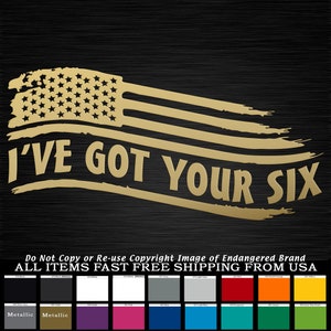 Può includere: Adesivo in vinile dorato con un design di bandiera americana usurato e il testo "I'VE GOT YOUR SIX".