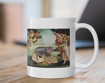 Taza "Moo Deng Hippo Nacimiento de Venus" de 325 ml. Bonita, divertida, viral y de broma.