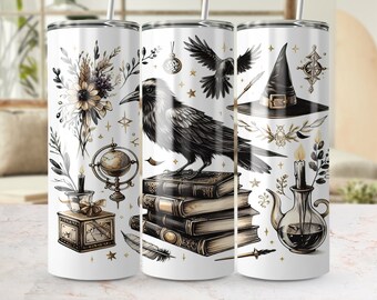 Corbeau sorcière et livres magiques 20 oz design de gobelet maigre, sublimation transparente Wrap PNG, modèle de gobelet gothique éléments floraux et célestes