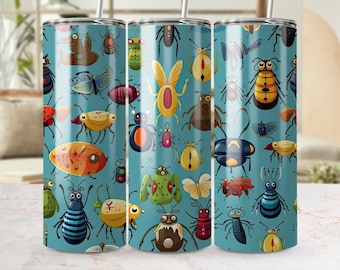 Illustrations colorées d’insectes Enveloppement de gobelet sans couture, conception de gobelet maigre de 20 oz, sublimation d’insecte de dessin animé, verres d’entomologie amusants PNG