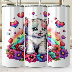Bunte Kätzchen Herzen und Blumen 20 Unzen Skinny Tumbler Wrap, nahtlose Sublimationsdesign, süße Katze digitaler Download PNG, Geschenk für Katzenliebhaber