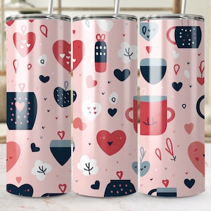 Adorable Love Mug Heart Pattern 20oz Tumbler Wrap, Valentines Day Sublimation Design, Romantic Seamless Skinny Tumbler PNG Template