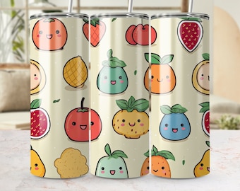 Cute Fruit Faces Seamless Pattern 20oz Skinny Tumbler Wrap PNG, Téléchargement numérique, Graphiques de sublimation pour l’impression Tumbler, Projet de bricolage
