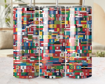 Conception de drapeaux du monde, enveloppement de gobelet maigre de 20 oz, modèle de sublimation PNG sans couture pour les voyageurs, conception de gobelet de drapeau de pays international