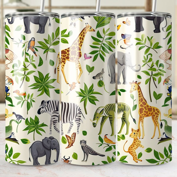 Jungle Safari Dieren Tumbler Wrap, Kids 20oz Skinny Naadloos Sublimatie Design, Tropische Giraffe Zebra Olifant Patroon PNG