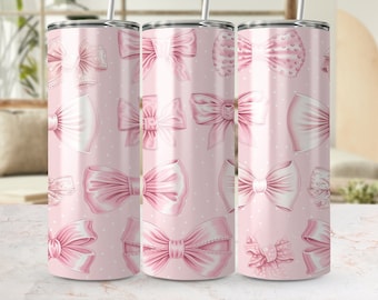 Emballage de gobelet sans couture motif noeud rose, sublimation design noeud féminin mignon pour verres maigres 20 oz, modèle PNG en téléchargement numérique