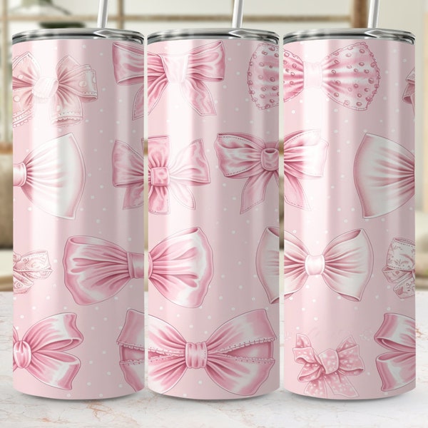 Pink Bow Pattern Seamless Tumbler Wrap, Cute Feminine Bow Sublimation Design for 20oz Skinny Tumblers, Digital Download PNG Template