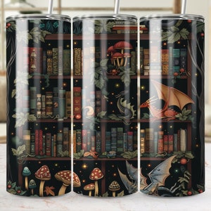 Enchanted Bookshelf Dragon Design, Seamless 20oz Skinny Tumbler Wrap, Fantasy Sublimation Template, Magical Library PNG, Instant Download