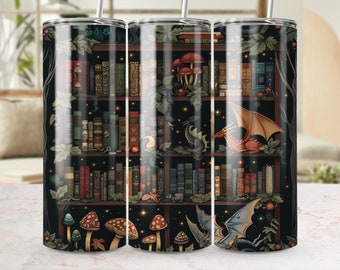 Étagère enchantée dragon design, papier peint transparent 20 oz pour gobelet maigre, modèle de sublimation fantastique, bibliothèque magique PNG, téléchargement immédiat