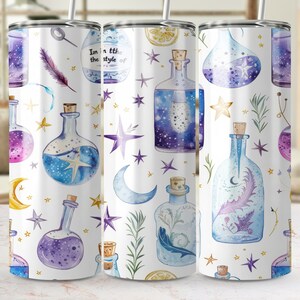 Magical Potion Bottle Seamless Tumbler Wrap, Celestial Stars and Moons, 20oz Skinny Sublimation Design, Fantasy Drinkware Template PNG