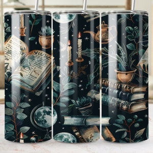 Magical Bookshelf Seamless Tumbler Wrap, 20oz Skinny Sublimation Design, Fantasy Library PNG, Celestial Witchy Tumbler Template