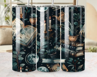 Emballage de verre sans couture d'étagère magique, conception de sublimation maigre de 20 oz, bibliothèque de fantaisie PNG, modèle de verre de sorcière céleste