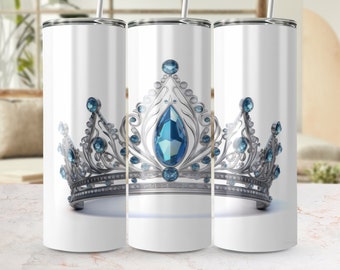 Elegante envoltório de copo de coroa de gema azul, modelo de sublimação PNG magro de princesa real de 20 onças, design de copo sem costura para sublimação