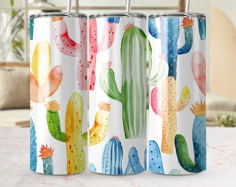 Colorful Watercolor Cacti Seamless 20oz Skinny Tumbler Wrap, Sublimation Design PNG, Digital Download, Desert Plant Tumbler Template