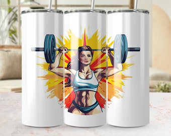 Fitness Weightlifting Woman Design, Seamless 20oz Skinny Tumbler Wrap, Sublimation PNG Gym-Inspired Template, Barbell Workout Illustration
