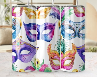 Envoltório de copo de máscara de carnaval, design sem emenda de máscara de aquarela, copo magro vibrante de 20 onças PNG, modelo completo de sublimação festiva