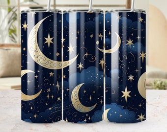 Lune céleste et étoiles Bleu marine Transparent Tumbler Wrap, 20oz Skinny Sublimation Template, Night Sky Magic PNG Digital Download Design