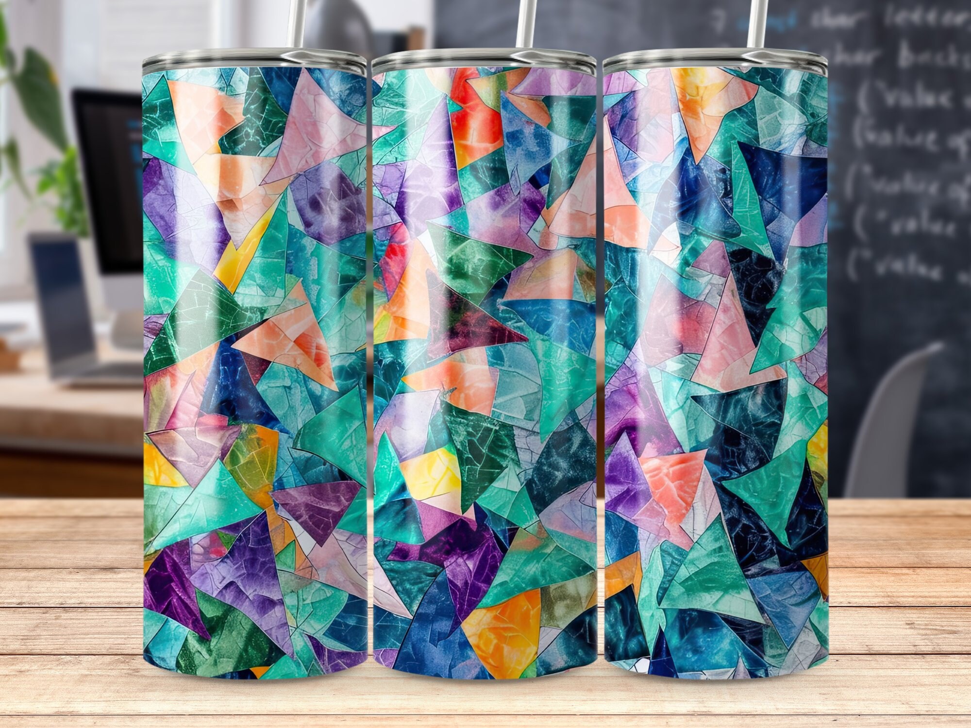 Abstract Geometric Polygonal Tumbler Design Vibrant Colors Wrap 20oz