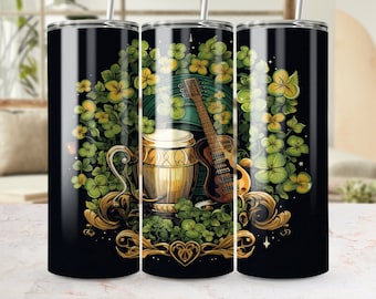 Irish Pub Themed Tumbler Wrap, Seamless 20oz Skinny Sublimation Design, Clover Beer Guitar PNG, St. Patricks Day Tumbler Template.
