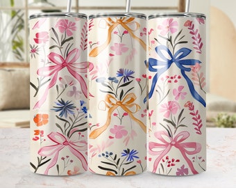 Floral Bow Design 20oz Skinny Tumbler Wrap, Naadloze Sublimatie Sjabloon PNG, Vrouwelijke Drinkware Accessoire, DIY Tumbler Crafting