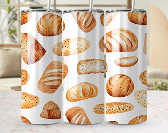 Envoltório de copo sem costura para pão artesanal em aquarela, design de sublimação skinny de 20 onças, download digital PNG, acessório para bebidas com tema de padaria