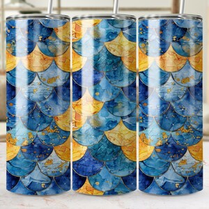 Blue and Gold Mermaid Scales Seamless 20oz Skinny Tumbler Wrap, PNG Sublimation Template, Ocean Themed Drinkware Accessory, Gift Idea
