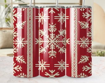 Emballage de gobelet sans couture motif flocon de neige tricoté, design sublimation gobelet maigre rouge blanc hiver 20 oz, téléchargement PNG pour bricolage