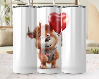 Cute Cartoon Bull with Heart Balloon 20oz Skinny Tumbler Wrap, Seamless Sublimation Design PNG, Digital Download, Tumbler Template
