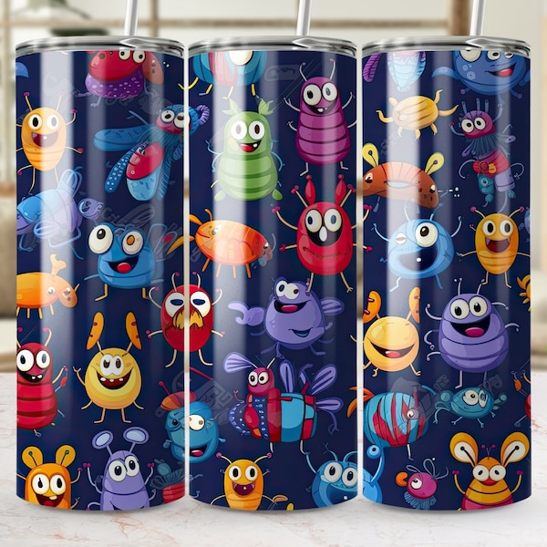 Colorful Cartoon Bug Seamless 20oz Skinny Tumbler Wrap, Cute Insect Sublimation Template, Children's Tumbler Design, Kids Tumbler PNG