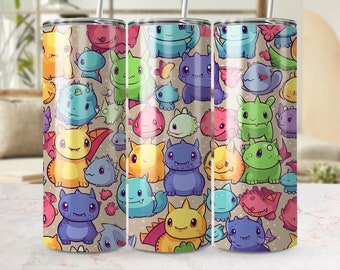 Emballage de gobelet dinosaure de dessin animé mignon, design enfantin sans couture pour gobelet maigre de 20 oz, modèle de sublimation PNG coloré pour enfants