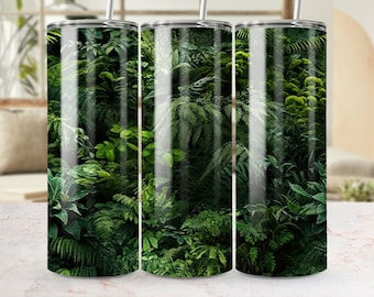 Tropische jungle naadloze tuimelaar wrap, weelderig groen 20oz skinny sublimatie, botanische bos PNG-sjabloon, DIY tuimelaar ontwerp downloaden