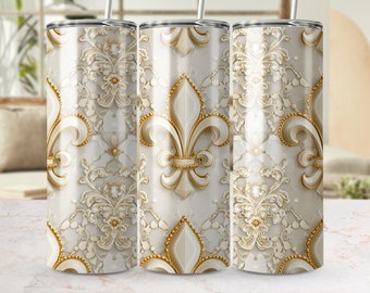 Elegante padrão flor de lis envoltório skinny de 20 onças, design de sublimação sem costura, download digital, enfeites de ouro luxuosos, png