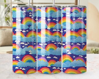 Kleurrijke regenboog en wolken tuimelaar wrap, naadloze 20oz mager sjabloon, sublimatie ontwerp, digitale download, levendige drinkware decor
