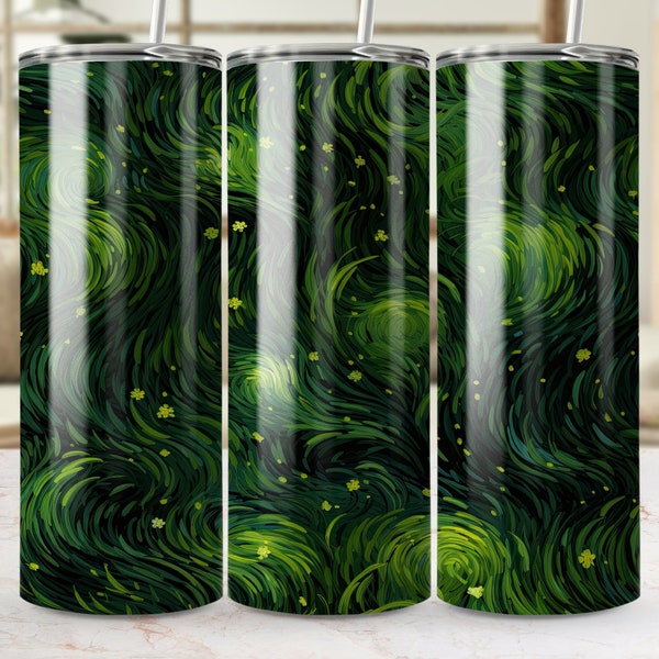 Vibrant Green Swirls and Twinkling Stars Tumbler Wrap, Seamless 20oz Skinny Design, Sublimation PNG Template, Nature Inspired Drinkware