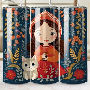 Diseño de vaso de niña y gato de arte popular, envoltura de sublimación delgada de 20 oz, patrón floral sin costuras, plantilla digital PNG para bebidas, artesanía de bricolaje