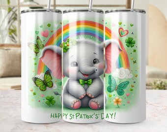 St. Patricks Day Elephant Tumbler Wrap, Groene Shamrock Cute Animal PNG, Naadloos 20oz Skinny Tumbler Sublimatie Design, Digitale Download