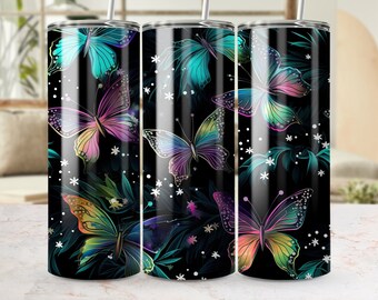 Levendige vlinder Tumbler Wrap, kleurrijk digitaal sublimatieontwerp, 20oz skinny naadloze PNG, magische nachtsterren Tumbler sjabloon