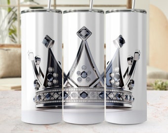 Majestic Crown Design for 20oz Skinny Tumbler, Seamless Wrap, Black and Silver, Elegant Sublimation PNG, Royalty Inspired Tumbler Template