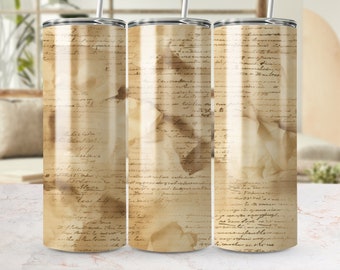 Vintage handgeschreven script naadloze tuimelaar wrap, 20oz skinny sublimatie sjabloon, verouderd papierontwerp, downloadbare PNG