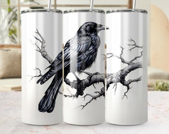 Corbeau gothique sur branches nues en sublimation pour gobelet skinny 20 oz, enveloppement sans couture PNG, téléchargement numérique oiseau noir pour impression sur verre