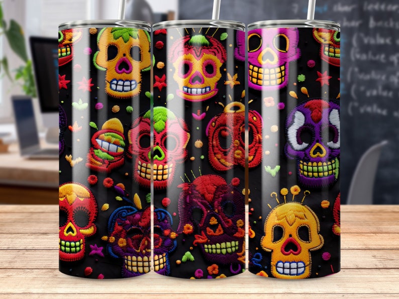 Vibrant Mexican Sugar Skulls Embroidery Seamless 20oz Skinny Tumbler