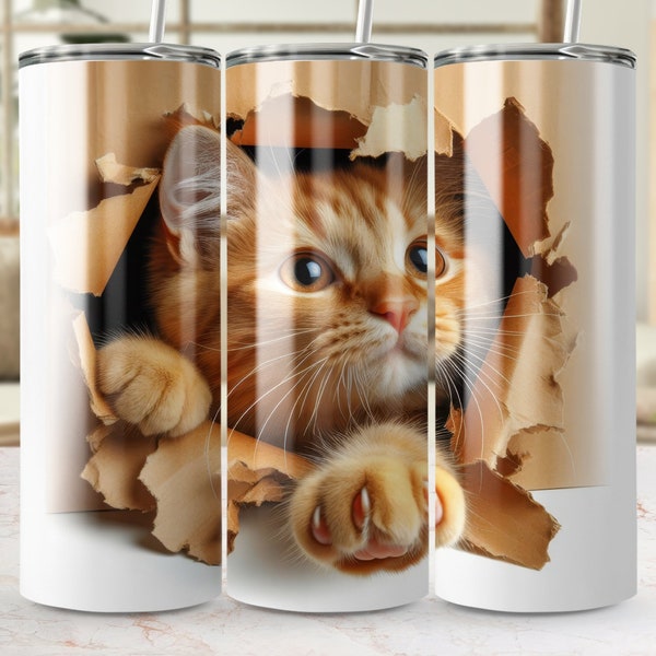 Adorable Ginger Cat Tumbler Wrap, Seamless 20oz Skinny Tumbler PNG, Sublimation Design Template, Cute Kitten in Paper Hole Graphic