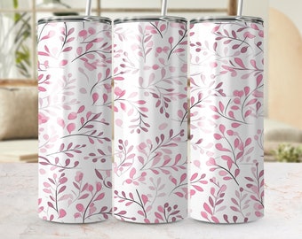 Emballage de gobelet botanique rose et gris, motif floral sans couture pour gobelet skinny 20 oz, modèle de sublimation PNG, thème de la nature élégant