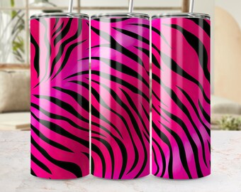 Gobelet roulé rose et noir à rayures zébrées, 20 oz, modèle PNG à sublimation sans couture pour travaux manuels et projets